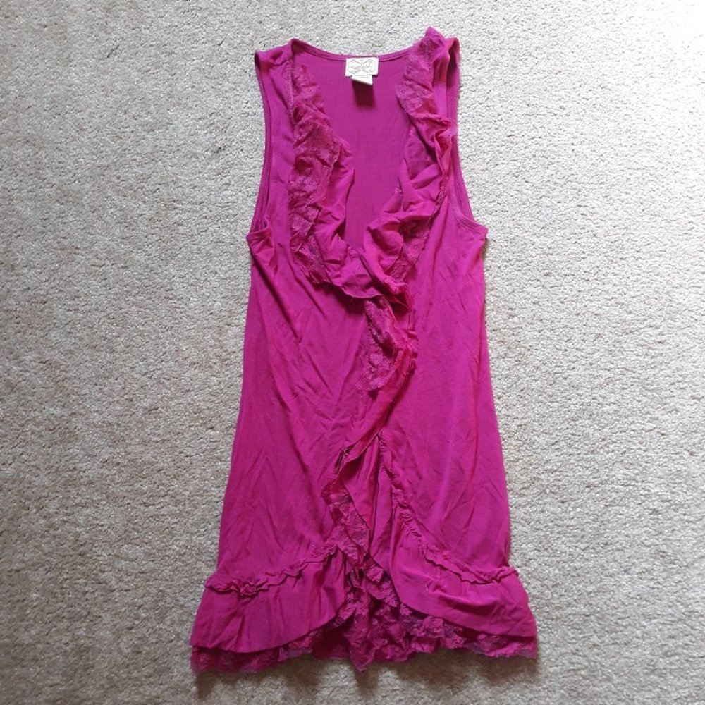 Eyelash Couture Magenta Ruffle Front Lace Trim Tank Top - Size S